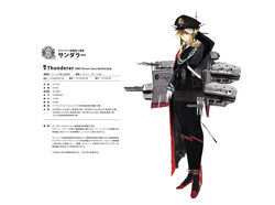  blonde_hair character_name character_profile collared_shirt commentary_request female hat hms_thunderer hms_thunderer_(siirakannu) kantai_collection long_hair long_sleeves military military_uniform original partially_translated peaked_cap photoshop_(medium) red_eyes royal_navy salute shirt siirakannu simple_background solo translation_request uniform white_background 