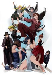  4girls 5boys alternate_costume baccano! black_hair blonde_hair brown_hair chane_laforet chinese_clothes claire_stanfield closed_eyes czeslaw_meyer dress enami_katsumi ennis everyone eyepatch firo_prochainezo glasses gloves happy hat highres isaac_dian jacuzzi_splot lolicon long_hair miria_harvent multiple_boys multiple_girls nice_holystone ponytail red_hair short_hair 