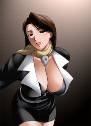  arisawa_masaharu ayasato_chihiro belt black_eyes bra breasts brown_hair business_suit capcom cleavage collarbone earrings female gyakuten_saiban huge_breasts jewelry large_breasts legs lipstick long_hair looking_at_viewer magatama makeup masaharu_arisawa mole open_mouth red_eyes scarf simple_background skirt smile solo standing thighs underwear 