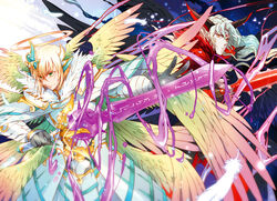  2boys angel angel_and_devil angel_wings archangel_lucifer archdemon_lucifer_(p&amp;d) armor black_gloves commentary_request demon_horns feathered_wings feathers gloves halo headpiece holding holding_sword holding_weapon horns looking_at_viewer multiple_boys multiple_wings outstretched_arm photoshop_(medium) pinki_(shounenkakuseiya) pointy_ears puzzle_&amp;_dragons robe serious slime_(substance) smile sword weapon wings yellow_eyes 