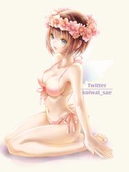  arm_support bad_id bad_pixiv_id barefoot bikini blue_eyes breasts brown_hair female front-tie_top head_wreath medium_breasts navel original parted_lips seiza short_hair side-tie_bikini_bottom sideboob sitting solo strap_gap swimsuit wings yuzu_5101 