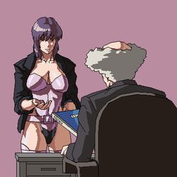  1boy aramaki_daisuke bald breasts commentary female ghost_in_the_shell jacket kusanagi_motoko large_breasts leotard lowres oekaki open_clothes open_jacket purple_hair purple_leotard rakugaki_(artist) short_hair thighhighs 