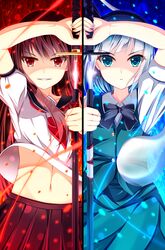  2girls akine_(kuroyuri) black_bow black_bowtie blouse blue_eyes blue_skirt blue_vest bow bowtie buttons commentary_request crossover eyebrows glowing grey_hair hairband highres hitodama holding holding_sword holding_weapon katana konpaku_youmu konpaku_youmu_(ghost) kureha_(sound_voltex) long_hair looking_at_viewer multiple_girls navel pleated_skirt puffy_short_sleeves puffy_sleeves red_eyes red_ribbon ribbon school_uniform serafuku sheath shirt short_hair short_sleeves skirt skirt_set smile sound_voltex split_screen stomach sword symmetrical_pose touhou unsheathing upshirt vest weapon weapon_connection white_shirt 