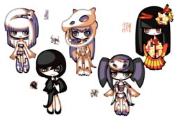  5girls :&lt; aerodactyl annotated asymmetrical_bangs bad_deviantart_id bad_id black_hair blunt_bangs full_body ghost hair_ornament helmet high_contrast japanese_clothes kabutops long_hair midriff missingno. multiple_girls multiple_persona nekozneko orange_eyes parody personification pokemon pokemon_rgby pokemon_tower_ghost purple_eyes purple_hair shibi skeleton skull_hair_ornament standing transparent_background very_long_hair 