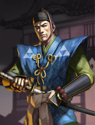  1boy armor ayatarosu bad_id bad_pixiv_id civilization_(series) civilization_vi commentary drawing_sword hat highres holding holding_sword holding_weapon houjou_tokimune japanese_armor japanese_clothes kataginu katana kote male_focus sash sheath solo sword tate_eboshi unsheathing uroko_(pattern) weapon 