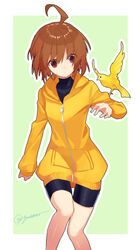  ahoge banned_artist bike_shorts bird brown_eyes brown_hair canary flat_chest hood hood_down hoodie linne orange_shirt shirt short_hair solo thigh_gap under_night_in-birth yusano 