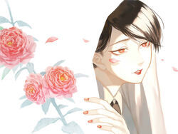  1boy black_necktie collared_shirt commentary_request eyeliner flower formal hood kaiko_suzume lipstick looking_away makeup male_focus matsuno_osomatsu nail_polish necktie osomatsu-kun osomatsu-san osomatsu_(series) parted_lips petals pink_flower red_eyes red_lips red_nails rose shirt solo suit swept_bangs tsuru_no_ongaeshi upper_body white_background white_shirt 