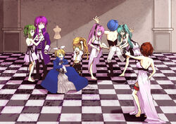  3boys 5girls aqua_eyes aqua_hair ascot backless_outfit barefoot blonde_hair blue_eyes boots brown_hair checkered_floor cleavage_cutout clothing_cutout commentary_request corset dress dressing evillious_nendaiki green_eyes green_hair gumi gumina_glassred hair_ribbon hatsune_miku kagamine_len kagamine_rin kaito_(vocaloid) kamui_gakupo karchess_crim lace lace-trimmed_dress lace_trim long_hair lukana_octo mannequin maylis_beelzenia megurine_luka meiko_(vocaloid) mikulia_calgaround multiple_boys multiple_girls pain pillar pink_hair ponytail purple_eyes purple_hair reann ribbon sateriasis_venomania short_hair side_ponytail twintails venomania_kou_no_kyouki_(vocaloid) vocaloid wig 