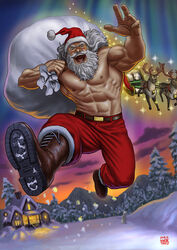  1boy 2015 aurora bag beard belt boots christmas commentary facial_hair feline flying forest hat house looking_at_viewer male_focus manly matataku muscular nature original pants photoshop_(medium) reindeer santa_claus santa_hat signature sled snowing solo surprised_cat_(matataku) topless_male white_hair 