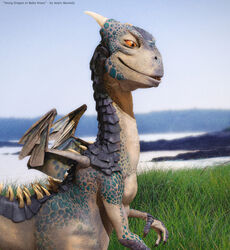  3d_(artwork) adam_baroody ambiguous_gender blue_body blue_scales claws digital_media_(artwork) draco_(dragonheart) dragon dragonheart english_text european_mythology feral horn membrane_(anatomy) membranous_wings mythological_creature mythological_scalie mythology orange_eyes orange_sclera realistic scales scalie small_wings solo spikes tail text universal_studios western_dragon wings yellow_sclera young_(lore) 