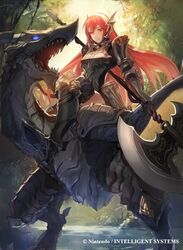  armor cherche_(fire_emblem) commentary_request dragon female fire_emblem fire_emblem_awakening fire_emblem_cipher halberd helswath long_hair makai_no_juumin minerva_(fire_emblem_awakening) official_art polearm red_eyes red_hair smile solo weapon wyvern 