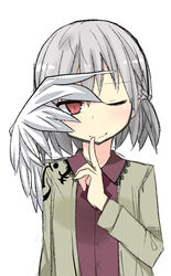  commentary_request female finger_to_mouth grey_hair highres kishin_sagume ladfa one_eye_closed red_eyes single_wing smile solo touhou wings 