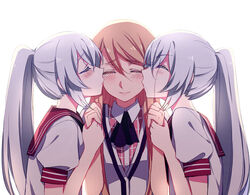  3girls akuma_no_riddle backlighting banba_mahiru banba_shin&#039;ya blush brown_hair checkered_clothes checkered_dress closed_eyes commentary double_cheek_kiss dress dual_persona girl_sandwich grey_hair hair_ornament hairclip hairpin hanabusa_sumireko holding_hands kissing kissing_cheek long_hair multiple_girls mylovelydevil necktie orange_hair ponytail sandwiched scar school_uniform serafuku smile stitches tears vest white_background yuri 