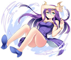  absurdres adapted_costume aqua_eyes arm_up armlet bare_shoulders blush bracelet breasts commentary_request dress female frilled_dress frills full_body genderswap_(mtf) headpiece high_heels highres jewelry kaki_s lips loki_(p&amp;d) long_hair looking_away medium_breasts photoshop_(medium) purple_dress purple_hair puzzle_&amp;_dragons rule_63 simple_background sleeveless sleeveless_dress smile solo white_background 