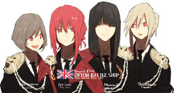  4girls black_hair blonde_hair blunt_bangs cape character_name commentary_request epaulettes formal grey_hair hms_conqueror hms_conqueror_(siirakannu) hms_monarch hms_monarch_(siirakannu) hms_orion hms_orion_(siirakannu) hms_thunderer hms_thunderer_(siirakannu) kantai_collection lion long_hair long_sleeves looking_at_another military military_uniform multiple_girls necktie open_mouth original photoshop_(medium) ponytail red_eyes red_hair royal_navy short_hair siirakannu simple_background smile uniform union_jack upper_body white_background 