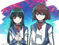  2girls bad_id bad_pixiv_id black_hair blue_eyes blush brown_eyes canon_memphis commentary_request cropped_jacket flower hairband hazama_shouko jacket long_hair long_sleeves multiple_girls red_hair short_hair smile soukyuu_no_fafner ttk_(ehohmaki) twitter_username uniform 