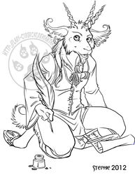  anthro black_and_white bovid caprine clothed clothing cybercat goat looking_at_viewer male mammal monochrome open_mouth solo watermark 