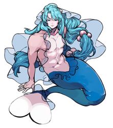  1boy abs arm_support bad_id bad_twitter_id bishounen blue_eyes blue_hair collarbone eyebrows frills lips long_hair looking_at_viewer male_focus merman monster_boy muscular navel nipples personification pokemon primarina see-through shihoran smile solo very_long_hair 