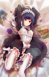  black_hair blue_eyes commentary_request female flower garter_straps highres kujou_miyuki looking_at_viewer lrig lying magazine_(object) maid maid_headdress mole mole_under_eye on_back ore_ga_ojou-sama_gakkou_ni_&quot;shomin_sample&quot;_toshite_rachirareta_ken purple_flower purple_rose rose short_hair solo thighhighs white_thighhighs 