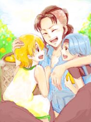  3girls belle-m&egrave;re blue_hair conomi_islands daughter east_blue family female fruit_tree hug lolicon mohawk mother multiple_girls nami nami_(one_piece) nojiko one_piece orange_hair pink_hair ponytail shueisha siblings sister sisters smile tree young younger 