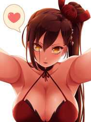  armpits azur_lane blush breasts brown_hair cleavage commentary eyes_visible_through_hair eyeshadow female flower hair_flower hair_ornament heart khnchak large_breasts lipstick long_hair looking_at_viewer makeup outstretched_arms parted_lips pov solo spoken_heart upper_body yellow_eyes zuikaku_(azur_lane) 