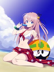  bad_facebook_id bad_id ball beach beachball bell blue_eyes cloud cloudy_sky day female food front-tie_top hair_ornament hibiki_(store) highres jingle_bell kitagawa_hibiki kuruwaba mega_man_(classic) mega_man_(series) met_(mega_man) nail_polish outdoors popsicle pose sand sarong sky smile swimsuit v 