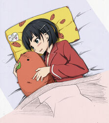  amage_kanade bad_id bad_pixiv_id bed black_eyes black_hair blush capybara capybara-san female hair_ornament hairclip kirigaya_suguha leaf more_deban pajamas pillow red_pajamas short_hair solo stuffed_animal stuffed_capybara stuffed_toy sword_art_online traditional_media 