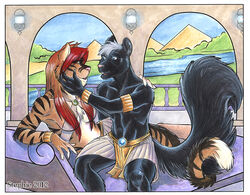  2012 anthro clothed clothing cybercat duo egyptian felid female fur hair inside lying male mammal on_side sitting smile traditional_media_(artwork) 