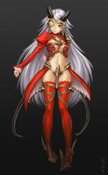  absurdres aldra_(queen&#039;s_blade) armor belt belt_bra breasts commentary_request crop_top crotch_plate eyepatch female grey_hair gugongyi highres long_hair long_sleeves looking_at_viewer navel queen&#039;s_blade queen_aldra red_eyes red_thighhighs revealing_clothes simple_background small_breasts solo standing thigh_strap thighhighs very_long_hair 