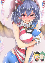  3girls :t american_flag american_flag_dress american_flag_legwear black_dress black_shirt blonde_hair blush breast_hold breasts chibi chibi_inset chikado chinese_clothes clothes_writing clownpiece clownpiece_(cosplay) commentary_request cosplay crying crying_with_eyes_open dress embarrassed frog_hair_ornament green_hair hair_ornament hair_tubes hat hecatia_lapislazuli hecatia_lapislazuli_(cosplay) jester_cap junko_(touhou) junko_(touhou)_(cosplay) kochiya_sanae large_breasts leaf_hair_ornament looking_at_viewer moriya_suwako multicolored_clothes multicolored_skirt multiple_girls neck_ruff off-shoulder_shirt off_shoulder pantyhose plump polka_dot purple_hair red_eyes rope shirt shirt_tug simple_background skirt sleeveless sleeveless_shirt smug snake_hair_ornament star_(symbol) star_print striped sweat t-shirt taut_clothes taut_shirt tears touhou wavy_mouth wrist_cuffs yasaka_kanako 