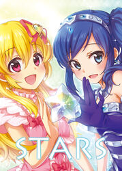  2girls :d aikatsu! aikatsu!_(series) bad_id bad_pixiv_id blonde_hair blue_eyes blue_gloves blue_hair blush chika_(orange_pop) gloves hair_ribbon hoshimiya_ichigo kiriya_aoi long_hair looking_at_viewer multiple_girls open_mouth red_eyes ribbon smile 