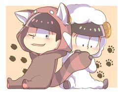  2boys animal_costume animal_ears arms_up bad_id bad_pixiv_id black_eyes black_hair blunt_bangs brothers chibi full_body holding_another&#039;s_tail hood horns koineko_(aph0310) leaning_back leaning_on_person looking_at_viewer male_focus matsuno_choromatsu matsuno_osomatsu multiple_boys one_eye_closed osomatsu-kun osomatsu-san osomatsu_(series) paw_print red_panda_costume sheep_costume sheep_horns siblings sitting smile tail 