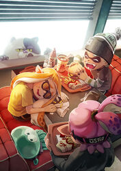  2boys aqua_hair beanie borrowed_character burger closed_eyes colored_sclera commentary_request cup diner drooling dutch_angle eating fangs feline female food food_on_face french_fries green_sclera hat inkling inkling_boy inkling_girl inkling_player_character jellyfish jellyfish_(splatoon) judd_(splatoon) ketchup layered_clothes layered_sleeves long_sleeves multiple_boys niko_geyer ponytail purple_hair shirt short_over_long_sleeves short_sleeves sitting sleeping smile soda splatoon_(series) splatoon_1 sunglasses t-shirt tray window_blinds 