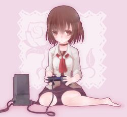  bad_feet bad_id bad_pixiv_id barefoot blush brown_eyes brown_hair collar controller fatal_frame fatal_frame_3 game_console game_controller hair_ornament hinasaki_miku long_hair playing_games playstation_2 school_uniform skirt sleeves_rolled_up solo vader_(n.r.t.a.) 