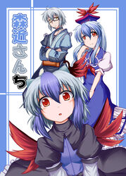  2girls ahoge blush commentary_request cover cover_page doujin_cover dress hat head_wings kamishirasawa_keine long_hair morichika_rinnosuke multicolored_hair multiple_girls painttool_sai_(medium) red_eyes single_head_wing smile tokiko_(touhou) touhou tsukimi_(ryouiki_ridatsu) wings 