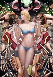  armor assault_visor audia_pahlevi bad_deviantart_id bad_id blonde_hair blue_bra blue_panties bra breasts cleavage disassembly female green_visor looking_to_the_side medium_breasts metroid mole mole_under_mouth navel panties power_armor samus_aran science_fiction solo stomach underwear undressing varia_suit 