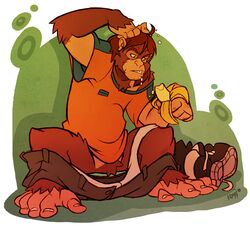  animal_humanoid anthro ape ape_humanoid banana food fruit fur hair haplorhine hindpaw humanoid kuma male mammal mammal_humanoid paws plant primate primate_humanoid solo transformation 