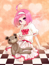  arm_support bad_id bad_pixiv_id checkered choco_(rio) dress female hairband heart hiyo_(hinauf) mint_clark pink_eyes pink_hair rio_-rainbow_gate!- short_hair solo stuffed_animal stuffed_toy super_blackjack teddy_bear 