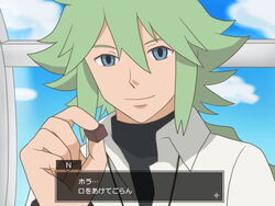  1boy bad_id bad_pixiv_id green_hair n_(pokemon) pokeblock pokemon shirt translated ukatsu_mono_mamii white_shirt 