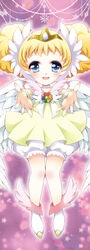  blonde_hair bloomers blue_eyes brooch candy_(smile_precure!) choker commentary_request double_bun female full_body hair_bun highres jewelry outstretched_hand personification photoshop_(medium) precure puffy_sleeves purple_background royal_candy shoes short_hair skirt smile smile_precure solo tiara underwear white_bloomers white_choker white_wings wings yellow_skirt yoshii_yumi 