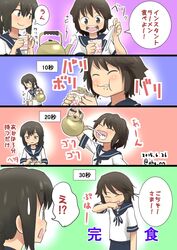  2girls :o ahenn artist_name black_hair braid brown_eyes brown_hair closed_eyes commentary_request dated drinking eating food hair_ribbon instant_noodle_block isonami_(kancolle) kantai_collection kettle long_hair miyuki_(kancolle) multiple_girls neckerchief nissin_cup_noodle noodles open_mouth pouring ramen ribbon sailor_collar school_uniform serafuku short_hair smile translated twitter_username v-shaped_eyebrows wiping_mouth 