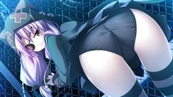  against_fence against_wall arisa_suou ass bent_over eyepatch female fence game_cg outdoors panties purple_hair skirt solo soukoku_no_arterial thighhighs underwear yakuri 