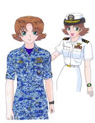  2girls brown_hair commentary_request green_eyes gundam gundam_seed highres kirayamatofan military military_uniform miriallia_haw multiple_girls navy self-upload smile uniform watch 