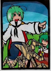  2girls antennae arachnid_(starship_troopers) commentary_request commissar_(papercraft) crossover green_eyes green_hair highres kazami_yuuka kirigami multiple_girls no_nose open_mouth pointing red_eyes short_hair starship_troopers touhou warrior_bug wriggle_nightbug 