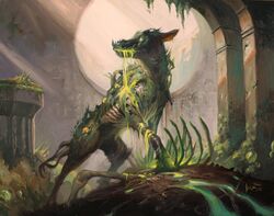  bone canid canine city cityscape dripping feral glowing looking_back lucas_graciano magic:_the_gathering mammal official_art oil_painting_(artwork) painting_(artwork) ruins skeleton standing traditional_media_(artwork) undead zombie 