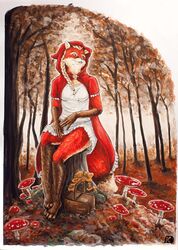  2017 anthro blonde_hair breasts canid canine cape clothed clothing dress fairy_tales female forest fox fungus fur gloves_(marking) hair hi_res kirsch leg_markings little_red_riding_hood little_red_riding_hood_(copyright) mammal markings mushroom orange_body orange_fur plant sitting sitting_on_stump socks_(marking) solo tree tree_stump 