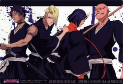  ayasegawa_yumichika bleach hisagi_shuuhei kira_izuru madarame_ikkaku male sword tite_kubo 