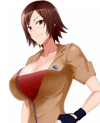  alternate_costume breasts brown_eyes brown_hair cleavage commentary_request do_konjouuo female fingerless_gloves gloves kazama_asuka large_breasts short_hair smile solo tekken tekken_7 upper_body 