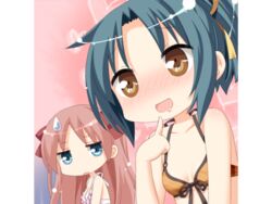  2girls azumi_risa blue_eyes blue_hair blush chibi multiple_girls shinozaki_rikka sono_hanabira_ni_kuchizuke_wo sweatdrop swimsuit yellow_eyes 