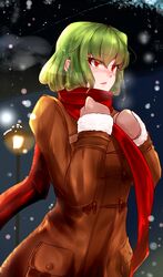  absurdres alternate_costume blush breath brown_gloves brown_jacket commentary_request female fur_trim gloves green_hair highres itocoh jacket kazami_yuuka lamppost long_sleeves looking_away nose_blush parted_lips red_eyes red_scarf scarf short_hair snowing solo touhou upper_body 